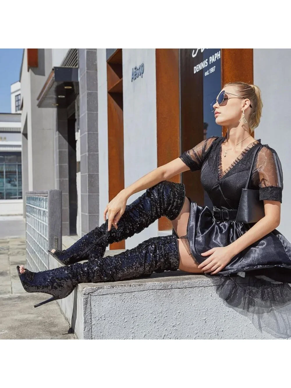 Women's Black Leather Sparkly Peep Toe Stiletto Heel Thigh High Boots